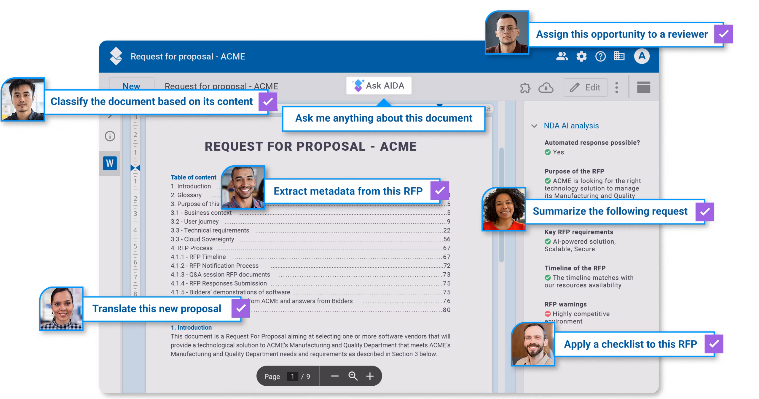 AODocs AI interface processing an RFP document, automatically classifying, extracting metadata, summarizing, and assigning it for review.